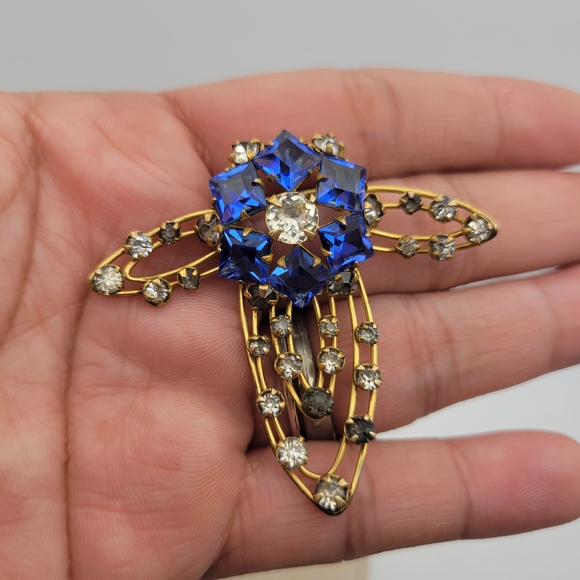 Vintage MCM M&S Gold Filled Cobalt Blue & White Rhinestones Brooch Pin - Picture 3 of 15